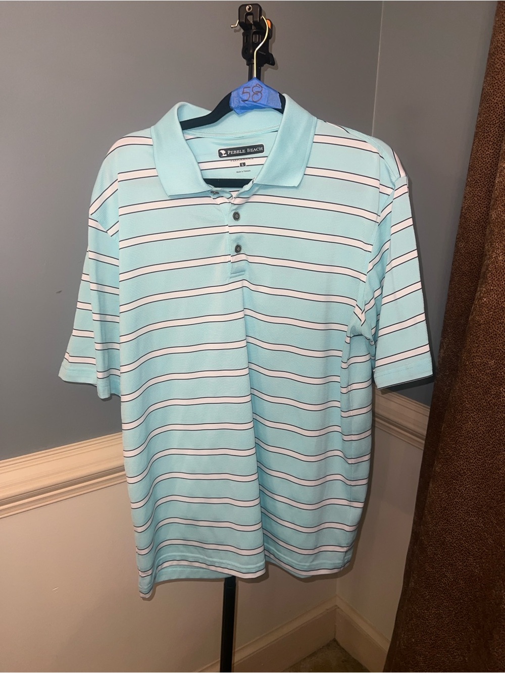Pebble Beach Men's Aqua Striped Polo with Navy & White Accents